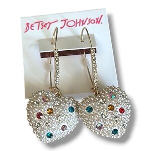 Betsey Johnson Heart dangle earrings with white pearl/ multi color gemstones NWT